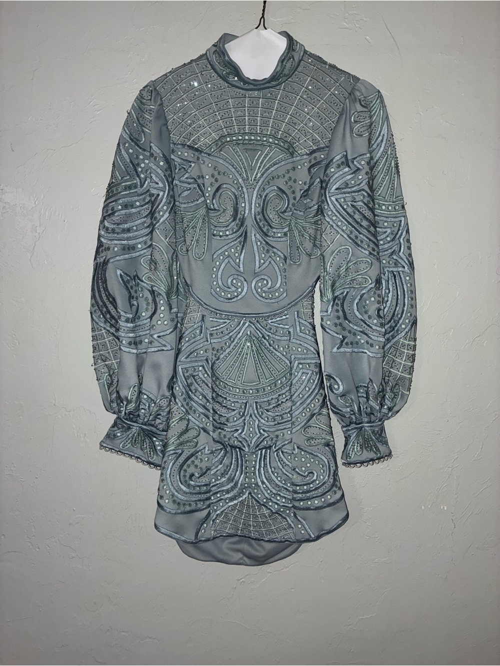 ASOS Embroidered Light blue and Gray Mini Dress with Long Puff Sleeves